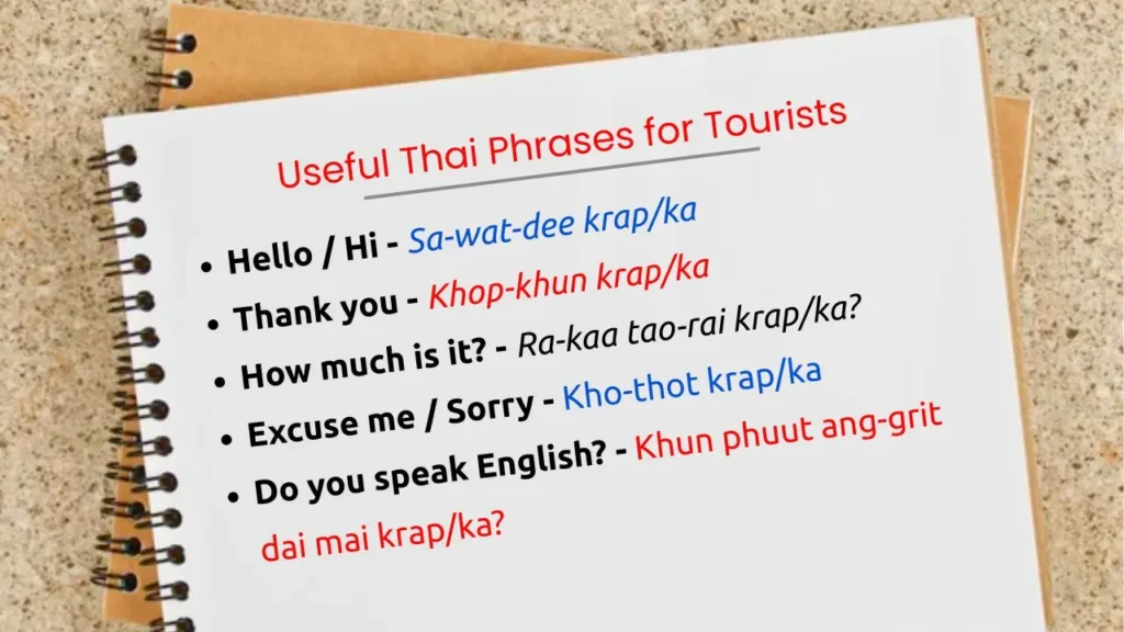 This image contains Basic Travel Thai Phrases for Tourists