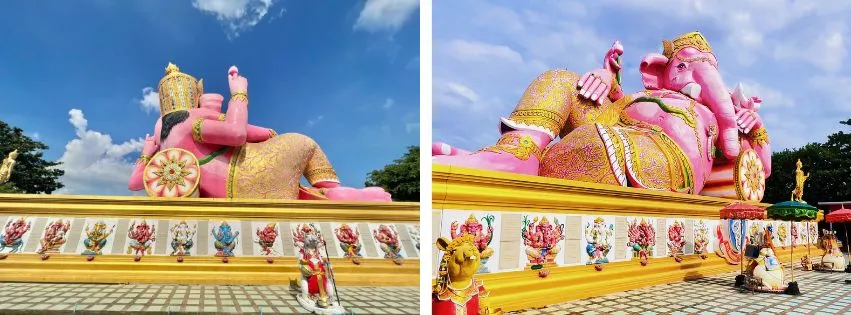 Photos of Wat Saman Rattanaram, a temple with a pink elephant, famous for gigantic image of bright pink Ganesha with the size of 16 metres tall and 24 metres long.