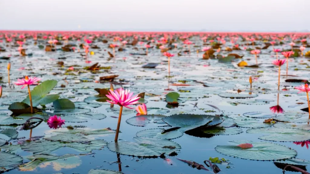 Beautiful Red Lotus Sea Kumphawapi with pink flowers in Udon Thani in northern Thailand.
