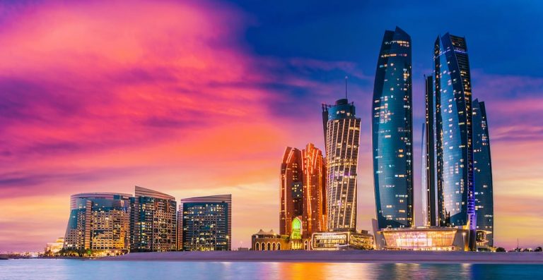 Abu Dhabi Etihad Towers in Abu Dhabi United Arab Emirates after sunset